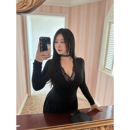 修身 纯欲性感蕾丝V领长袖 收腰连衣裙 韩漫女主 大小姐微胖大码