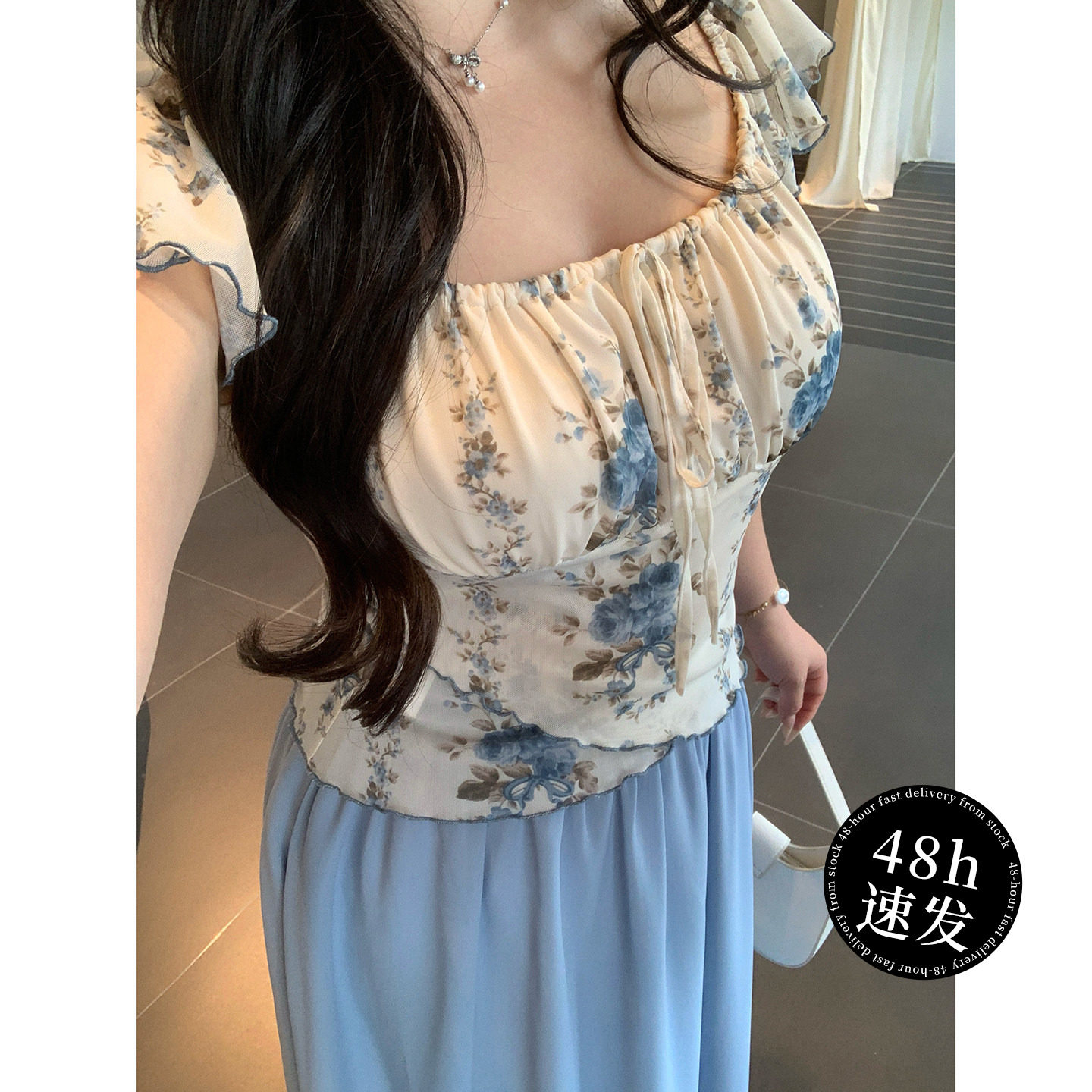 网纱碎花方领衬衫收腰上衣女夏图片