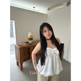 大小姐微胖大码 甜美纯欲风白色缎面波点抹胸背心上衣 古董doll