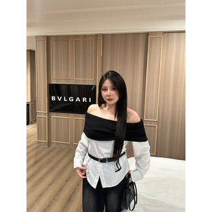 衬衫 气质显瘦拼接撞色长袖 设计感上衣 赫系女神 大小姐微胖大码