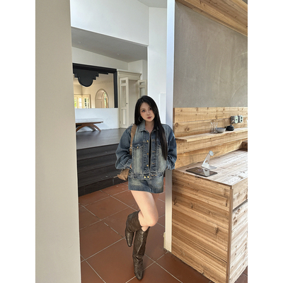 早春复古牛仔外套半身裙两件套