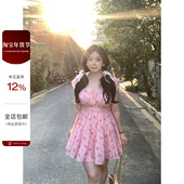 大小姐微胖大码 连衣裙公主裙 掐腰短袖 樱田 甜辣风碎花方领修身