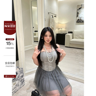 大小姐微胖大码“法式雾纱”气质网纱拼接收腰吊带连衣裙蓬蓬短裙