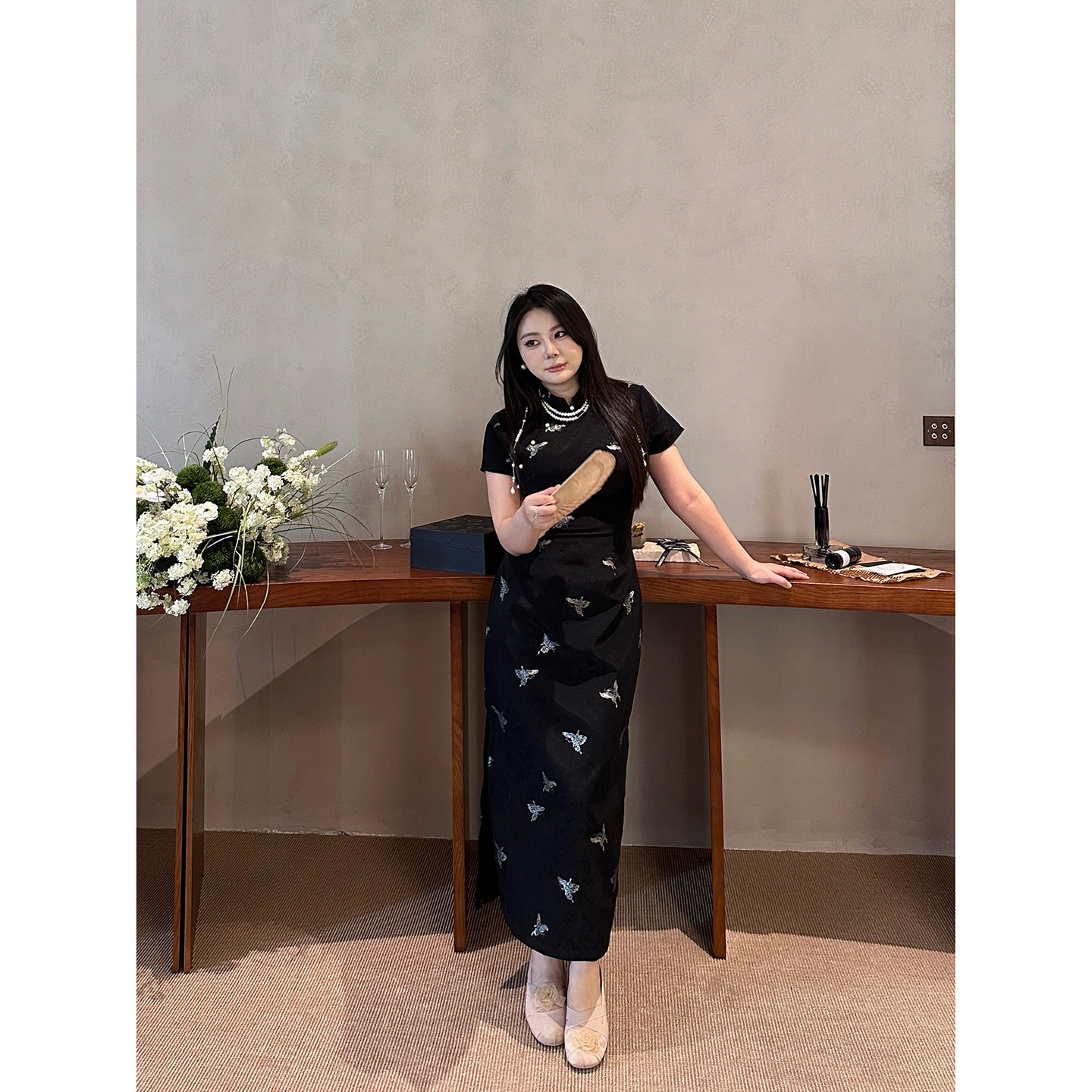 大码微胖mm烫银蝴蝶旗袍连衣裙