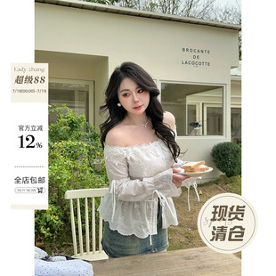 大小姐微胖大码 女设计感开叉上衣春 白色蝴蝶结刺绣一字肩长袖 衬衫