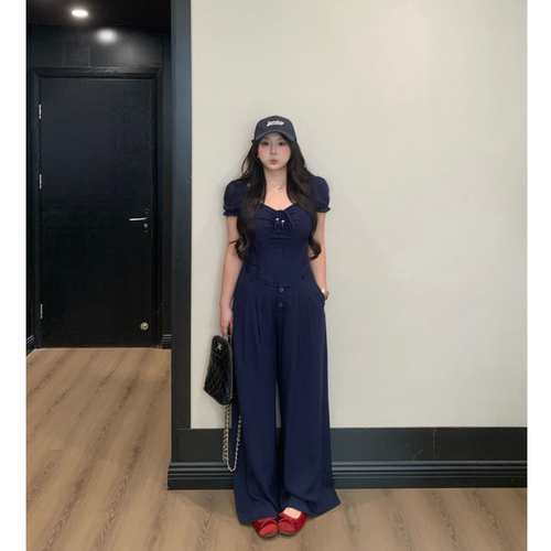 胖mm夏季鱼骨收腰上衣阔腿裤套装