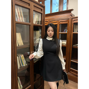 背心连衣裙 复古千金风假两件娃娃领长袖 大小姐微胖大码 莉莉丝