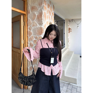 粉色格子衬衫 甜辣显瘦套装 吊带两件套 春日入场 大小姐微胖大码