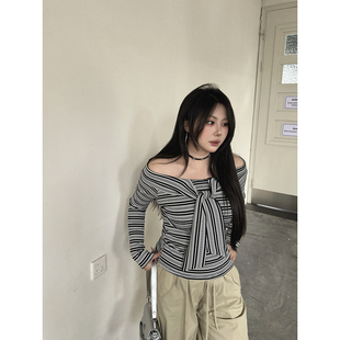 长袖 复古条纹一字肩上衣女修身 T恤春 古早日杂 大小姐微胖大码