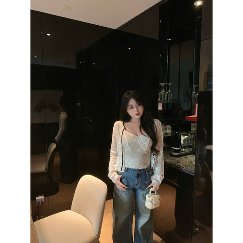 微胖韩系纯欲风蕾丝吊带开衫套装
