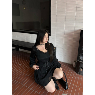 甜酷长袖 法式 收腰连衣裙女气质小黑裙 暗夜序曲 大小姐微胖大码
