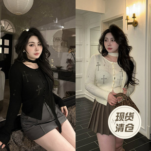 烫钻上衣 大小姐微胖大码 小众设计感十字架针织衫 开衫 女春微透薄款