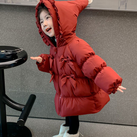 女童连帽加厚白鸭绒蝴蝶结羽绒服