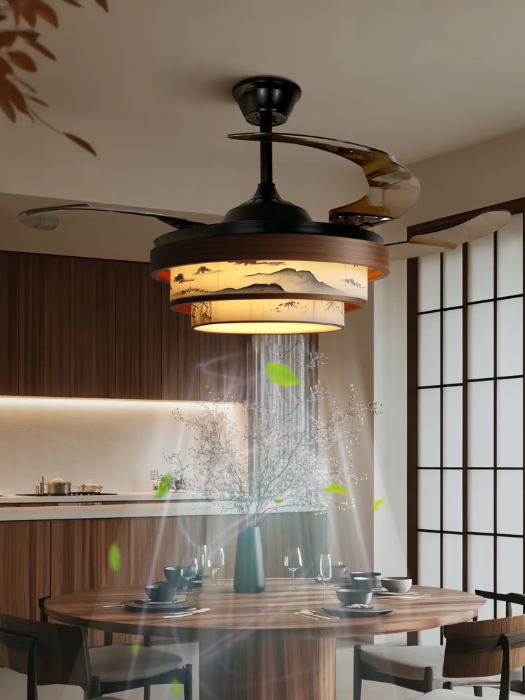 宋朝美学东方诗体实木竹叶水墨画隐形扇吊灯高风6速调速主灯