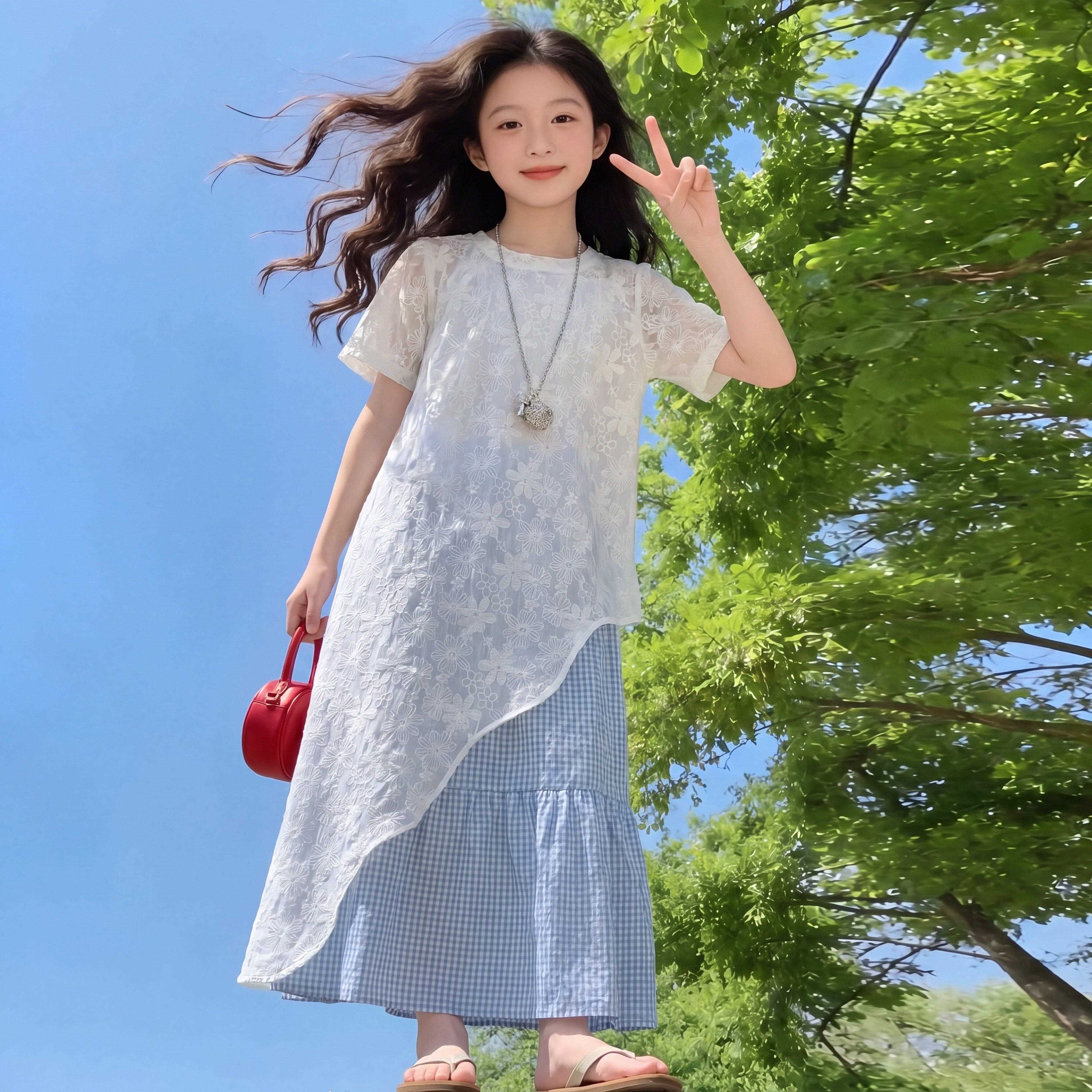 GKN女童洋装套装夏季26新款超火大20童薄长裙蓝森系色格子裙两件