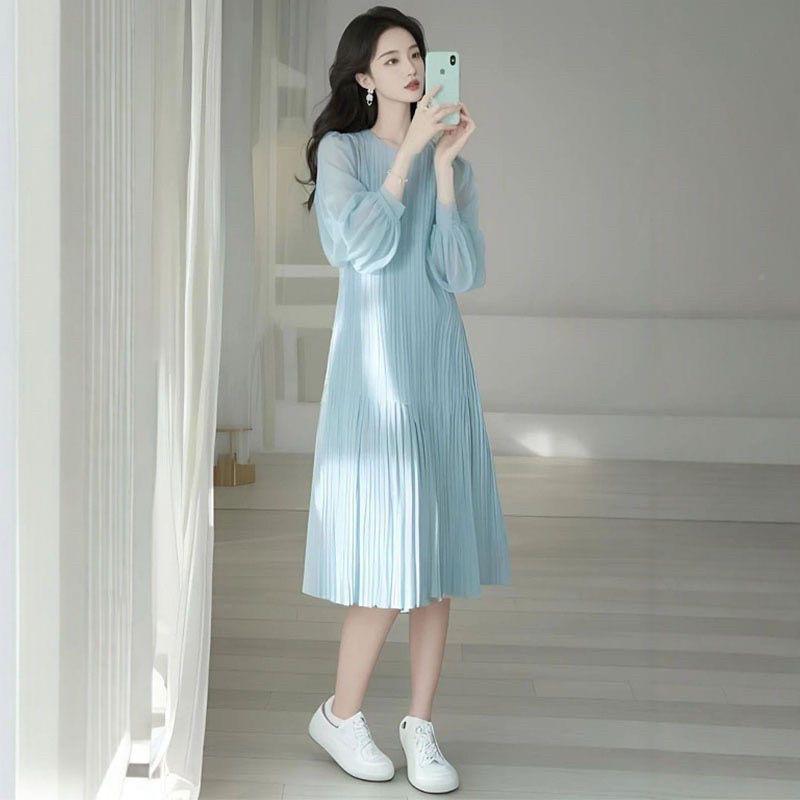 法式连裙女2025春款精致高级感宽松BSW显瘦衣蓝色雪纺圆领长裙袖
