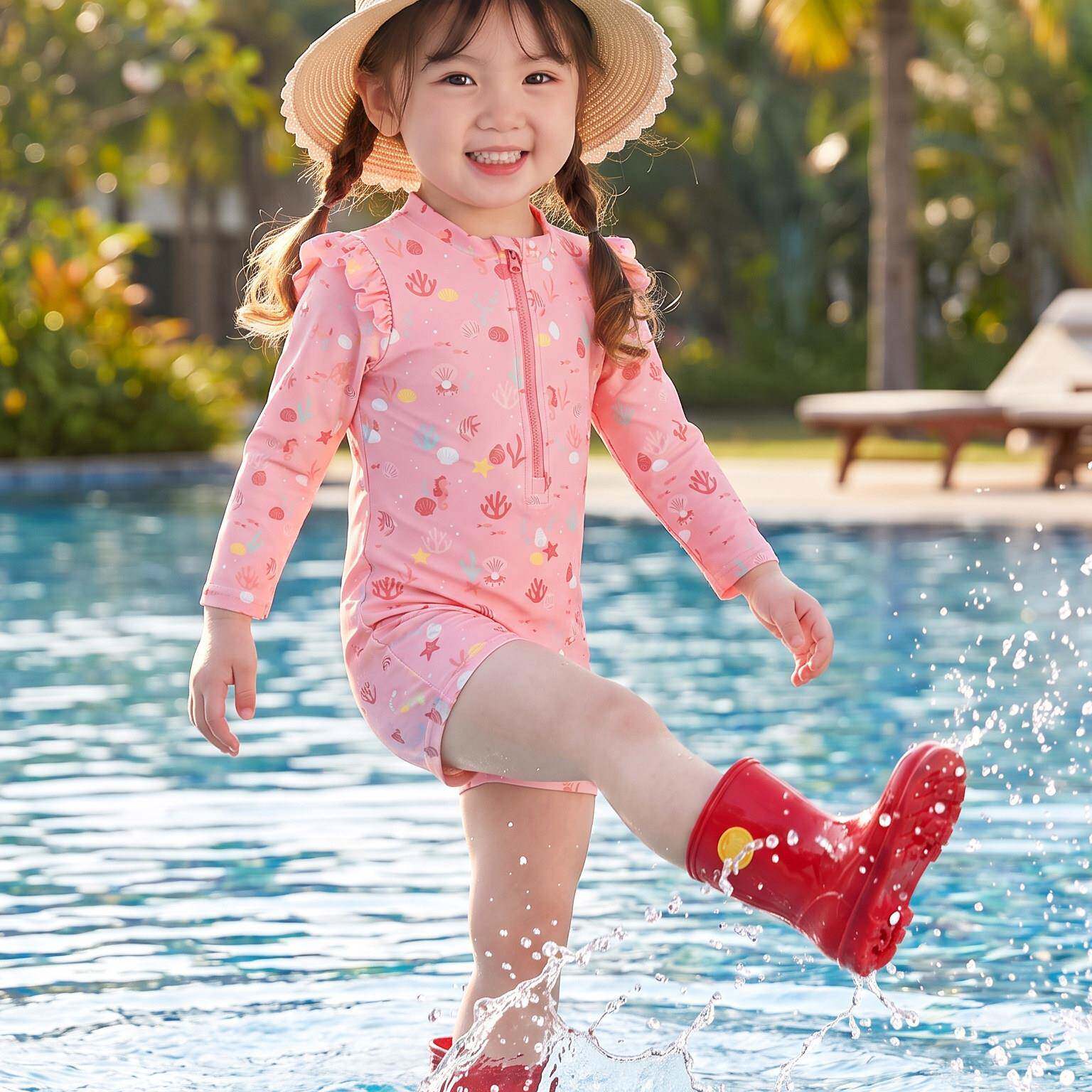 女童袖防晒速干连体泳衣夏季装新款宝长短裤泳小YPF女孩保守宝游