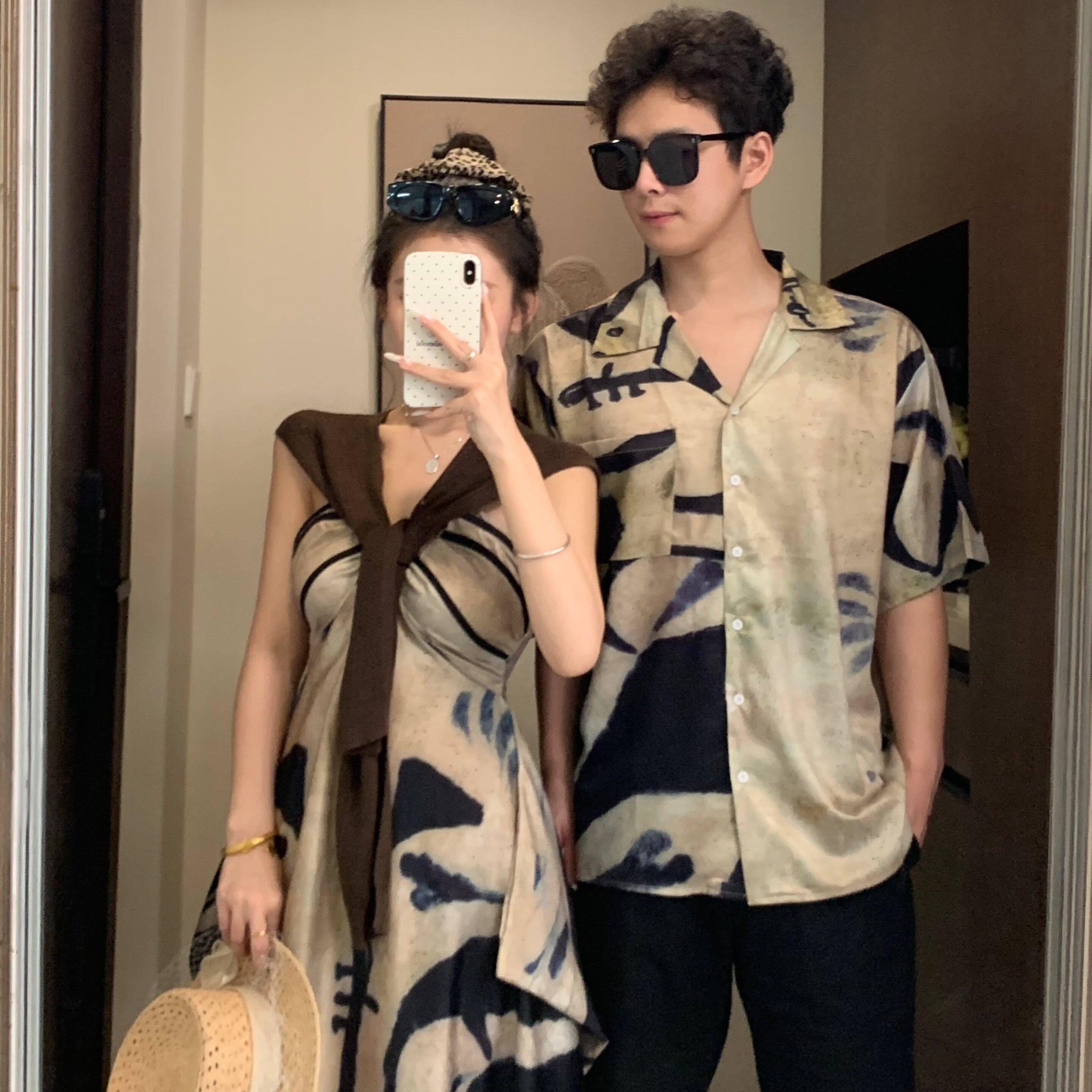 情侣装夏季连裙显瘦水墨花假衬衫衣复古度风吊带长裙3086女一衣印