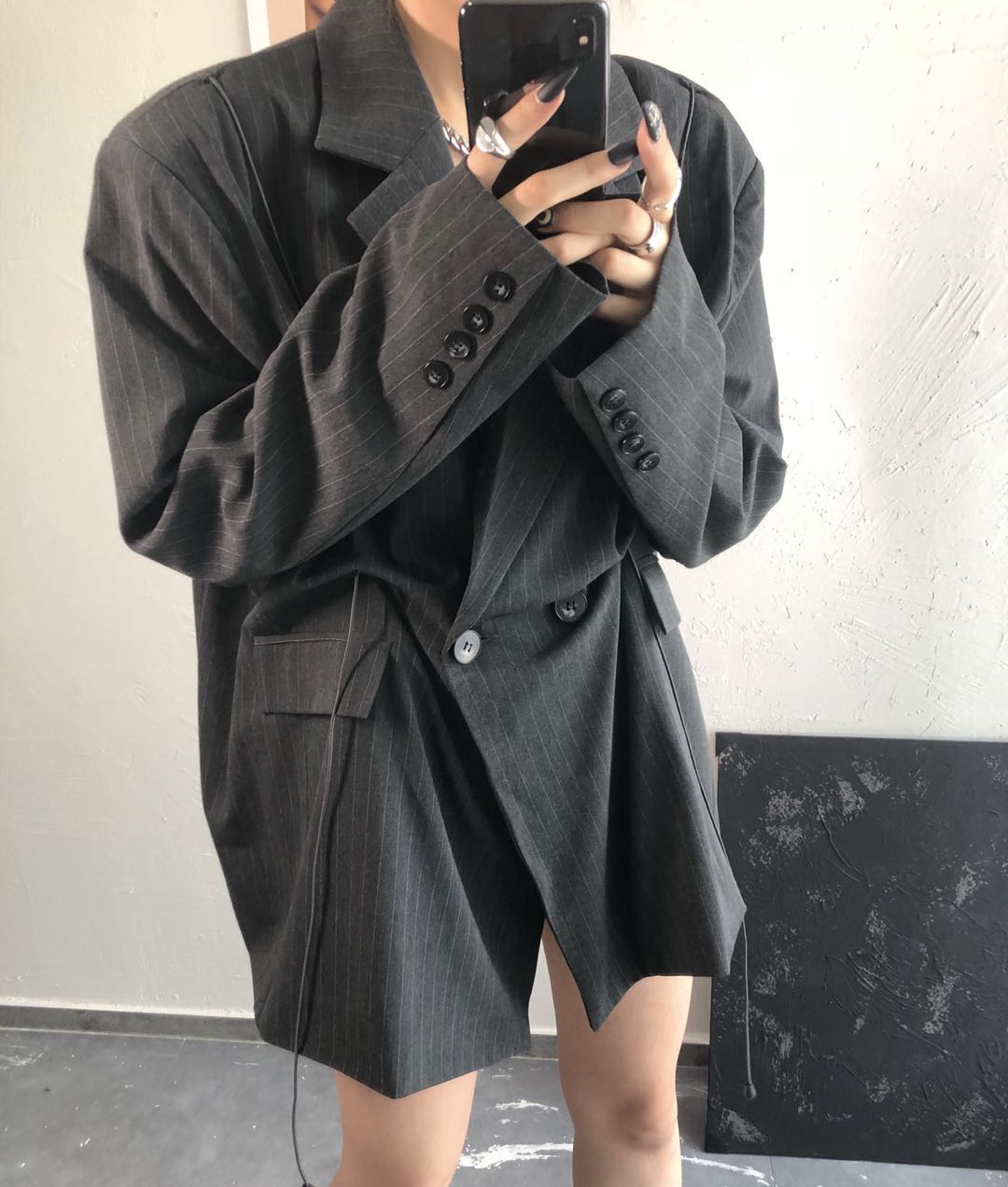 ONEONE AUTUMN HIGH-GRADE STRIPED DARK STRIPE DRAWSTRING PLEATED LOOSE LARGE BLAZER BLAZER WOMEN