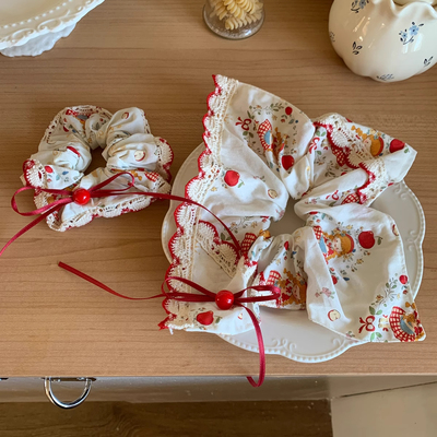 红苹果爱丽丝~蕾丝花边蝴蝶结方巾发圈森系少女肠圈发绳手作发饰