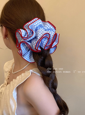 韩系复古蓝色格子大肠发圈女高级感重工头绳扎头发超大发饰丸子头