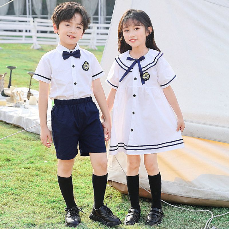 六一儿童校服幼儿园园服夏装棉白色学院海军风小学生班服套装