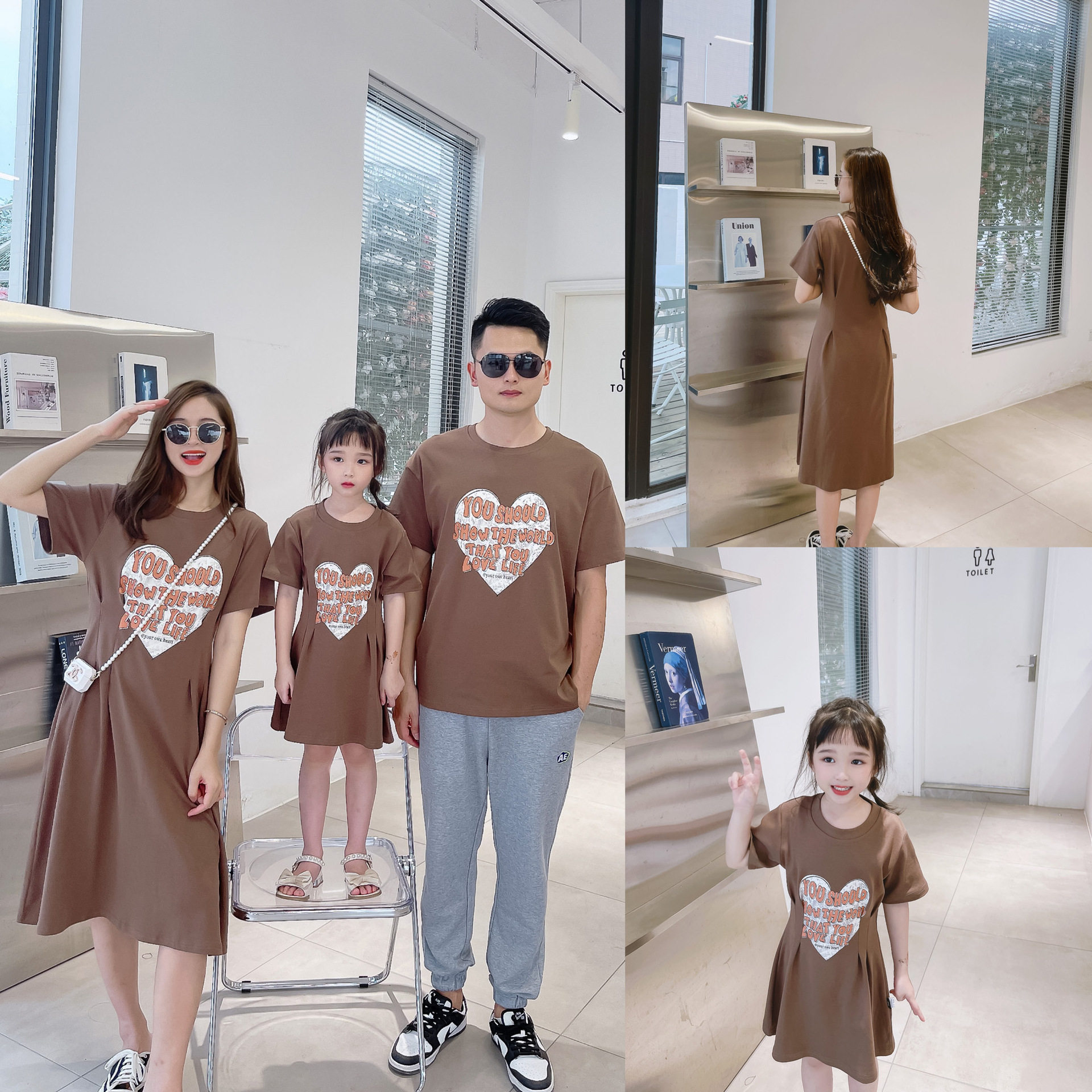 亲子装2023夏装一家三口韩版休闲爱心母女装童装收腰洋气连衣裙潮