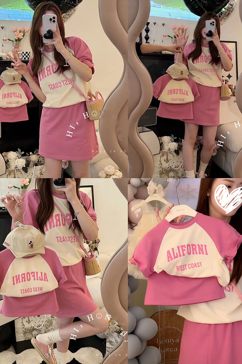 韩版亲子装夏季新款字母插肩袖母子母女T恤宽松短袖女童两件套装