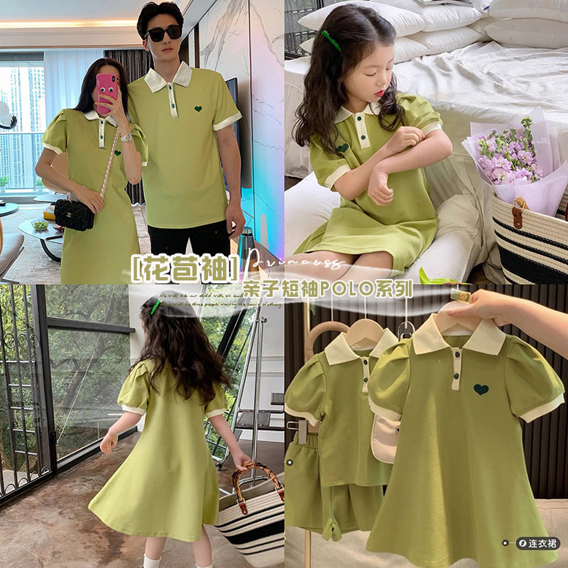 婴儿亲子装短袖T恤2023夏装母女韩版收腰显瘦泡泡袖polo连衣裙潮