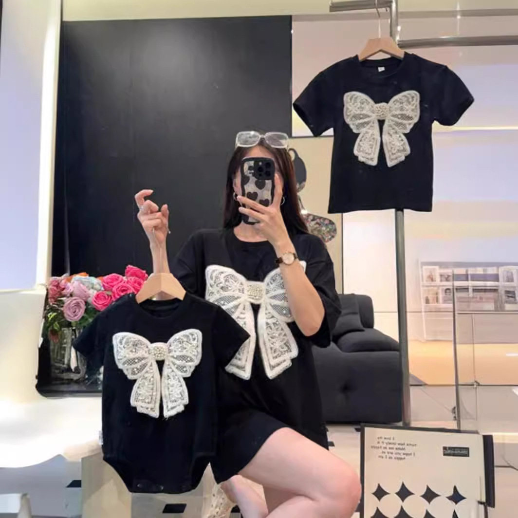 亲子装夏装网红刺绣蝴蝶结黑色纯棉T恤 韩版一家三口婴儿哈衣爬服