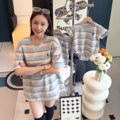 条纹T恤宽松上衣一家三口四口短袖 亲子装 韩版 新款 婴儿爬爬服 夏季