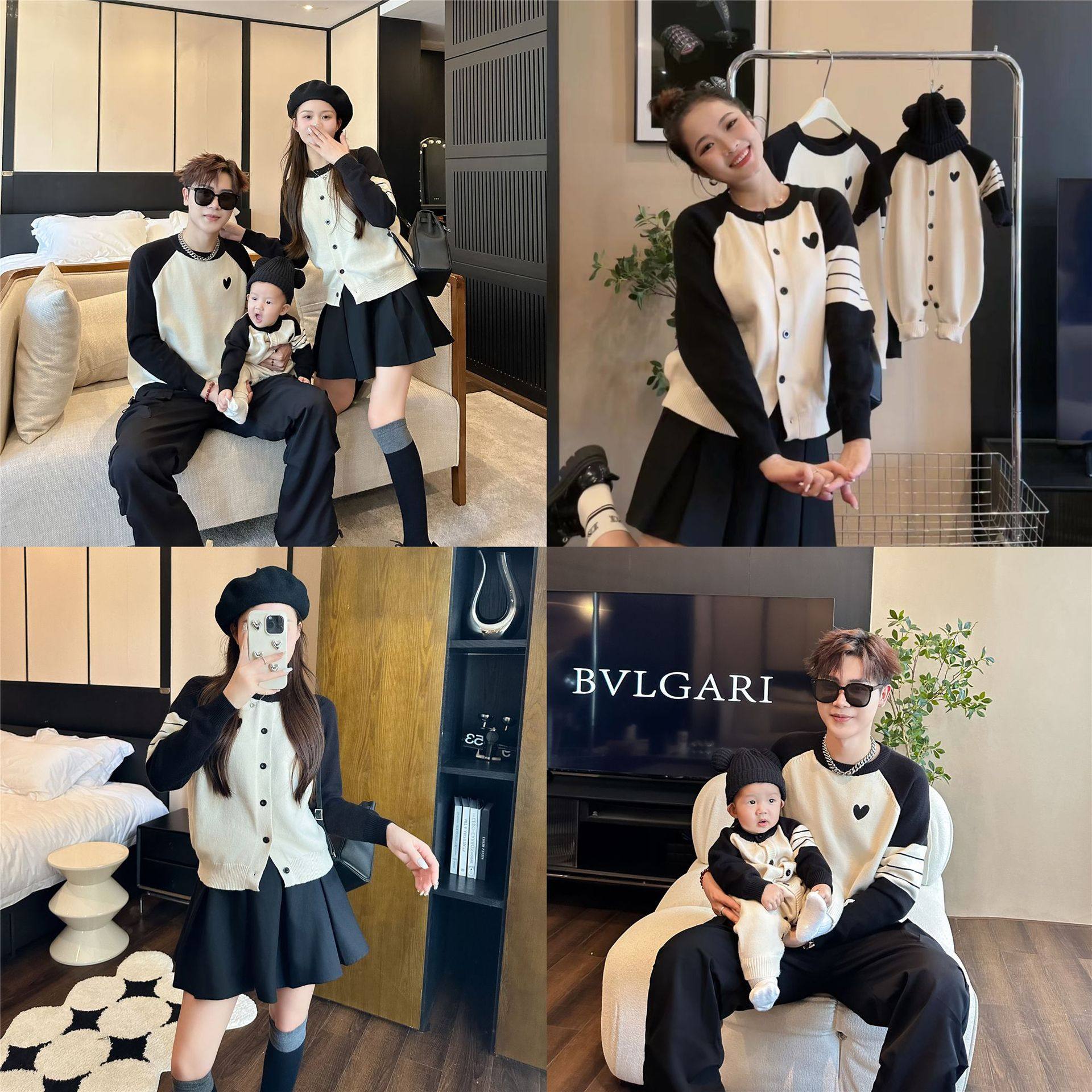亲子装母女装毛衣外套2026秋冬新款童装条纹爱心一家三口针织开衫