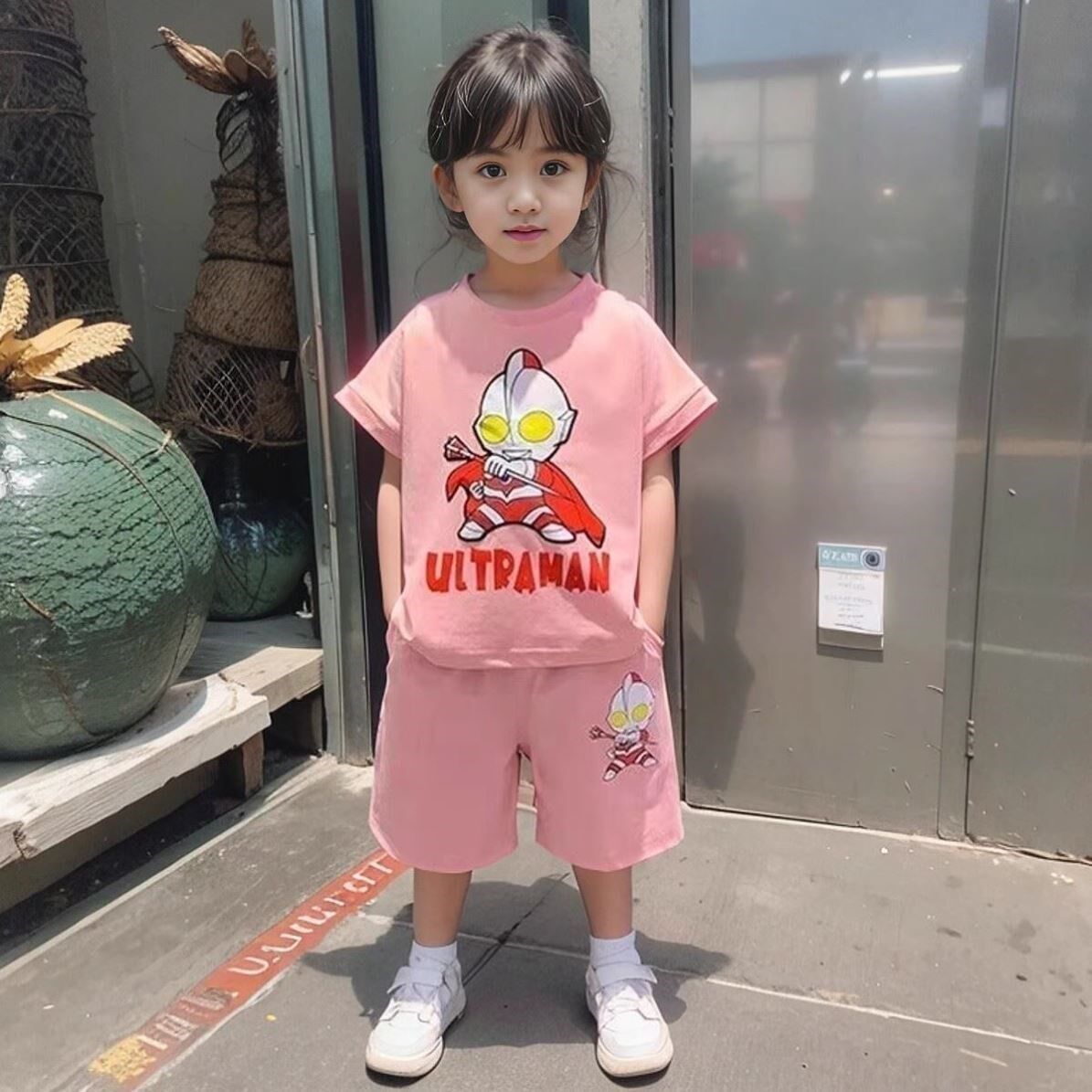 夏季女童发光奥特曼短袖纯棉粉色套装儿童男童薄款T恤短裤两件套