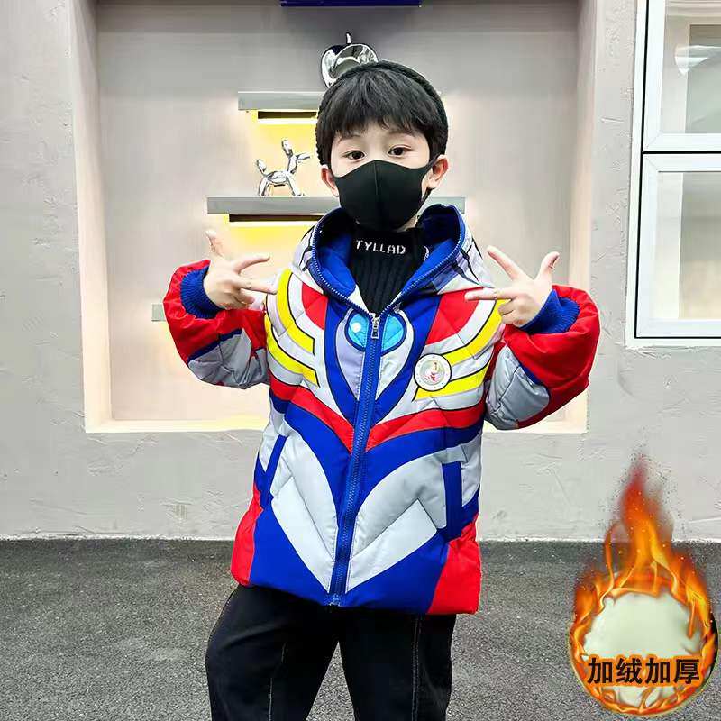 迪迦奥特曼带灯加绒外套男童夹棉2023秋冬款男孩连帽棉衣眼镜棉袄
