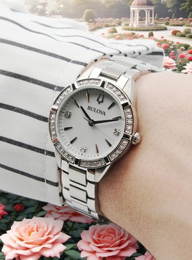 代购BULOVA宝路华镶钻时尚钢带珍珠贝母轻奢小表盘石英女士手表