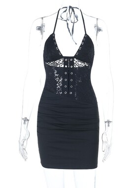 V-neck backless strap wrapped long skirtV领露背绑带包臀长裙