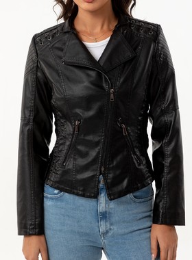 Sexy temperament long sleeved leather jacket性感气质长袖皮衣