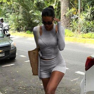 Shorts Knitted Long Sleeve Top Set短裤纯色针织长袖上衣套装女