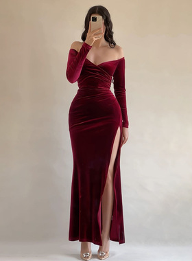 One shoulder sexy high slit dress一字肩性感修身高开衩连衣裙