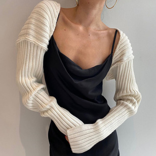 Short long-sleeved sweater coat女式性感纯色超短长袖毛衣外套