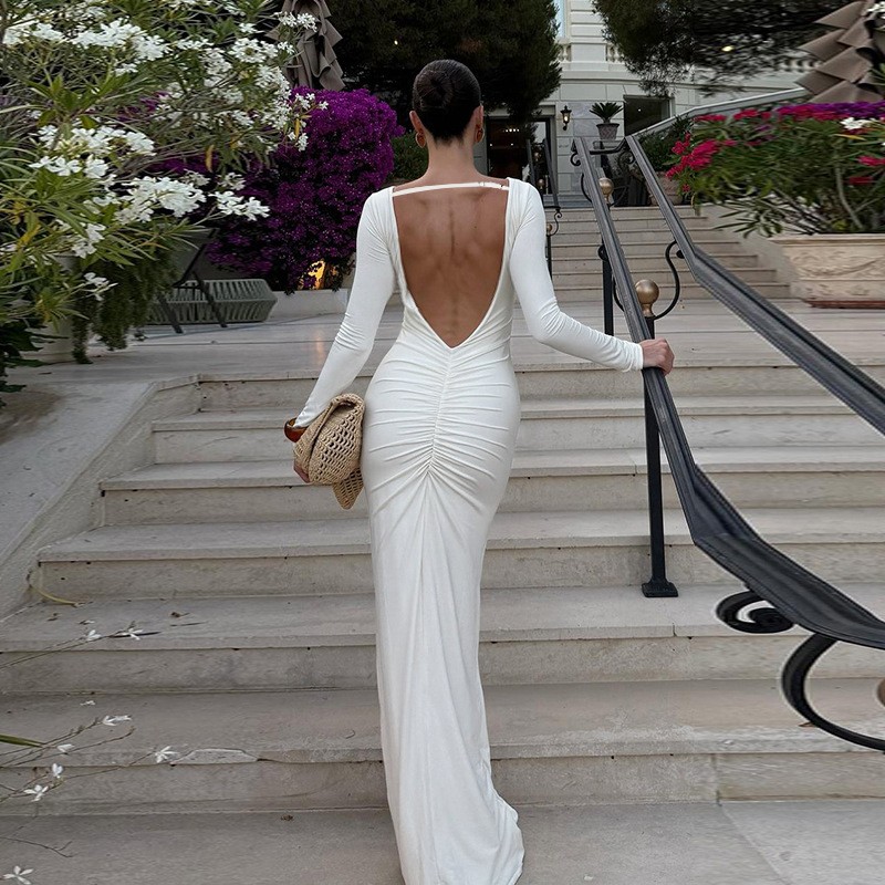 印花喇叭袖露背连衣裙女