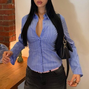 Stand up collar button down striped shirt立领纽扣条纹衬衫女