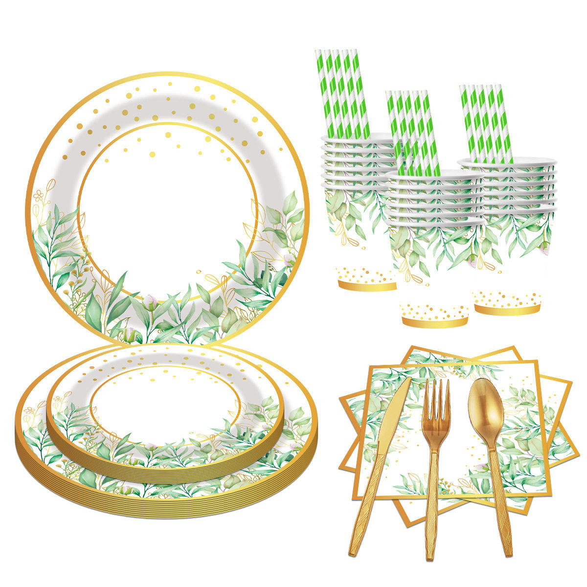 烫金植物餐具套装生日聚会派对装饰一次性纸杯纸盘纸巾布置餐盘