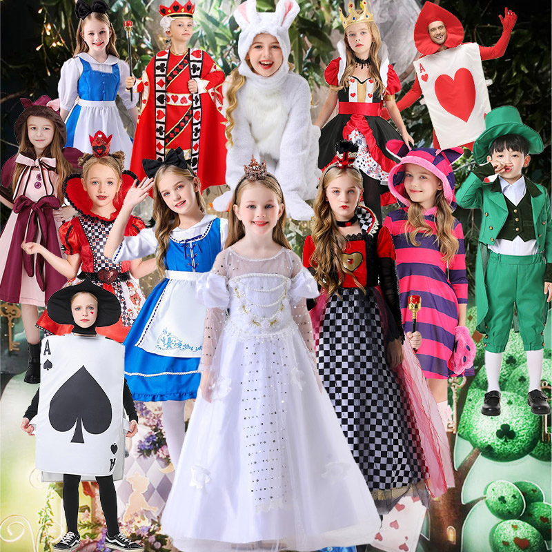儿童节爱丽丝梦游仙境COS红白皇后扑克士兵疯帽爱丽丝角色演出服