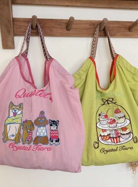 新款日系猫咪柴犬刺绣单肩包文艺女大容量尼龙学生百搭环保布袋