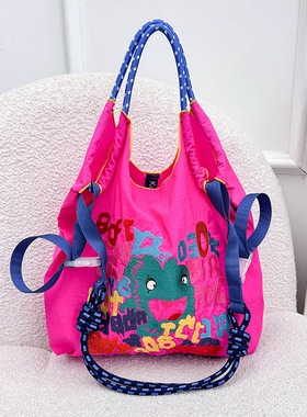 高圆圆同款ball chain刺绣新款字母怪兽环保布袋尼龙大容量单肩包