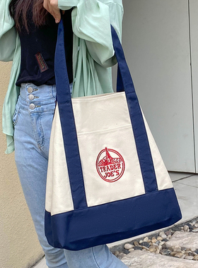 美国时尚潮流拼色刺绣大容量购物袋帆布袋休闲手提单肩包女包