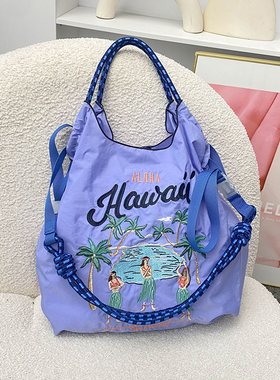 高圆圆同款夏威夷刺绣环保布袋女ball chain刺绣尼龙手提包单肩包