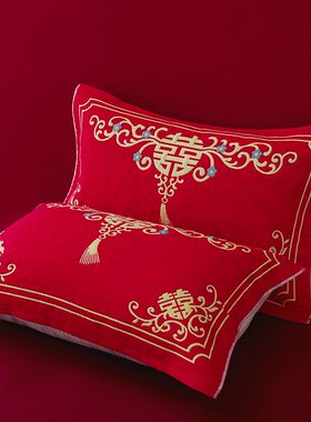 W1TR大红色枕巾一对装纯棉纱布成人情侣喜字结婚婚庆礼品