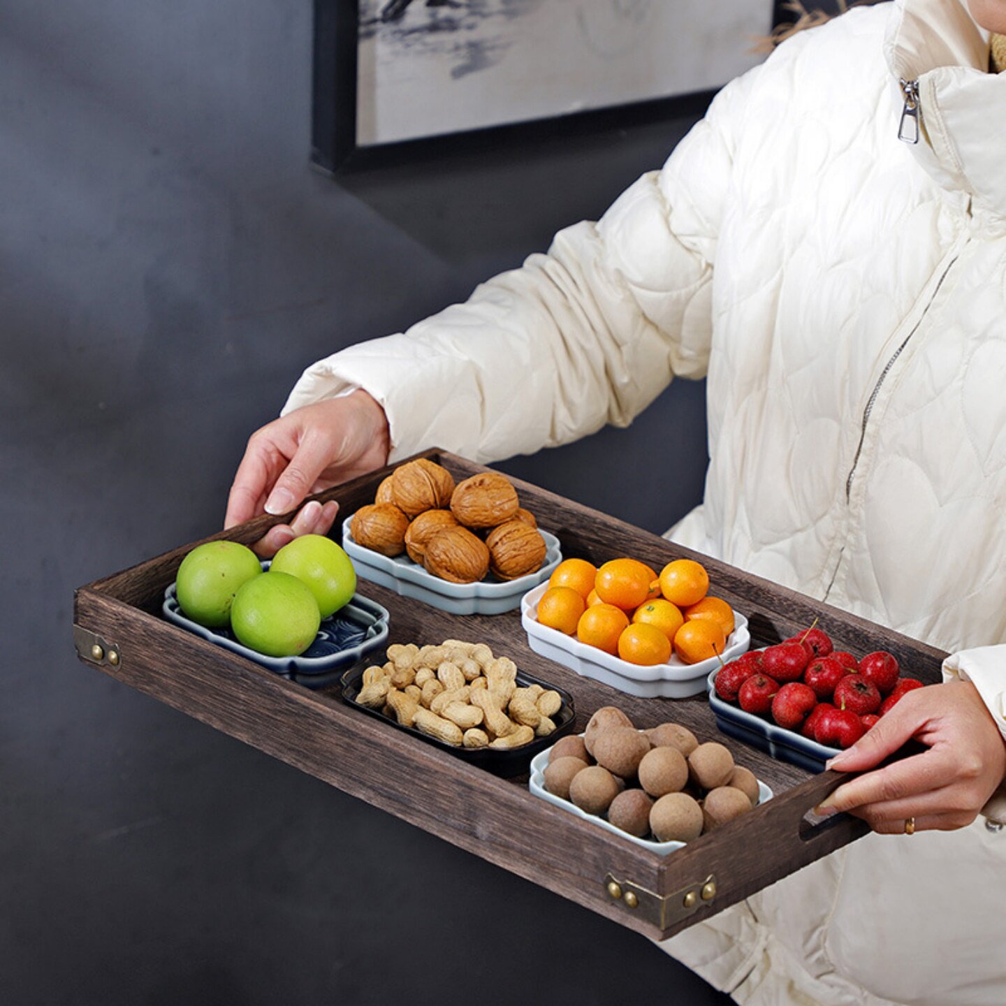 中式果盘家用客厅茶几干果坚果零食收纳盒户外水果点心茶点盘分格